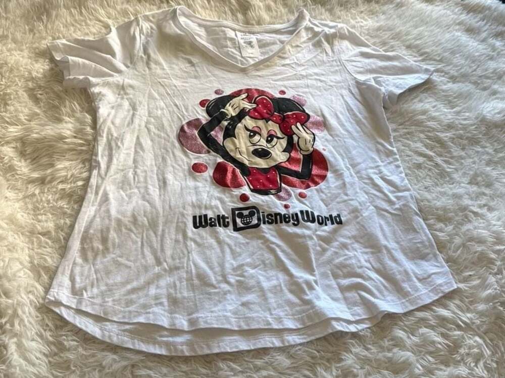 Walt Disney World Minnie Mouse‎ Glitter Graphic V-Neck T-Shirt